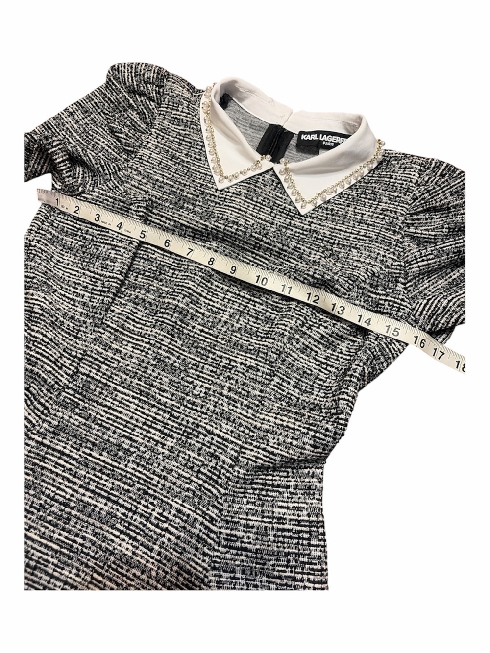 Karl Lagerfeld Paris Collared Tweed A-Line Dress Embellished Pearls Rhinestones - Picture 13 of 15